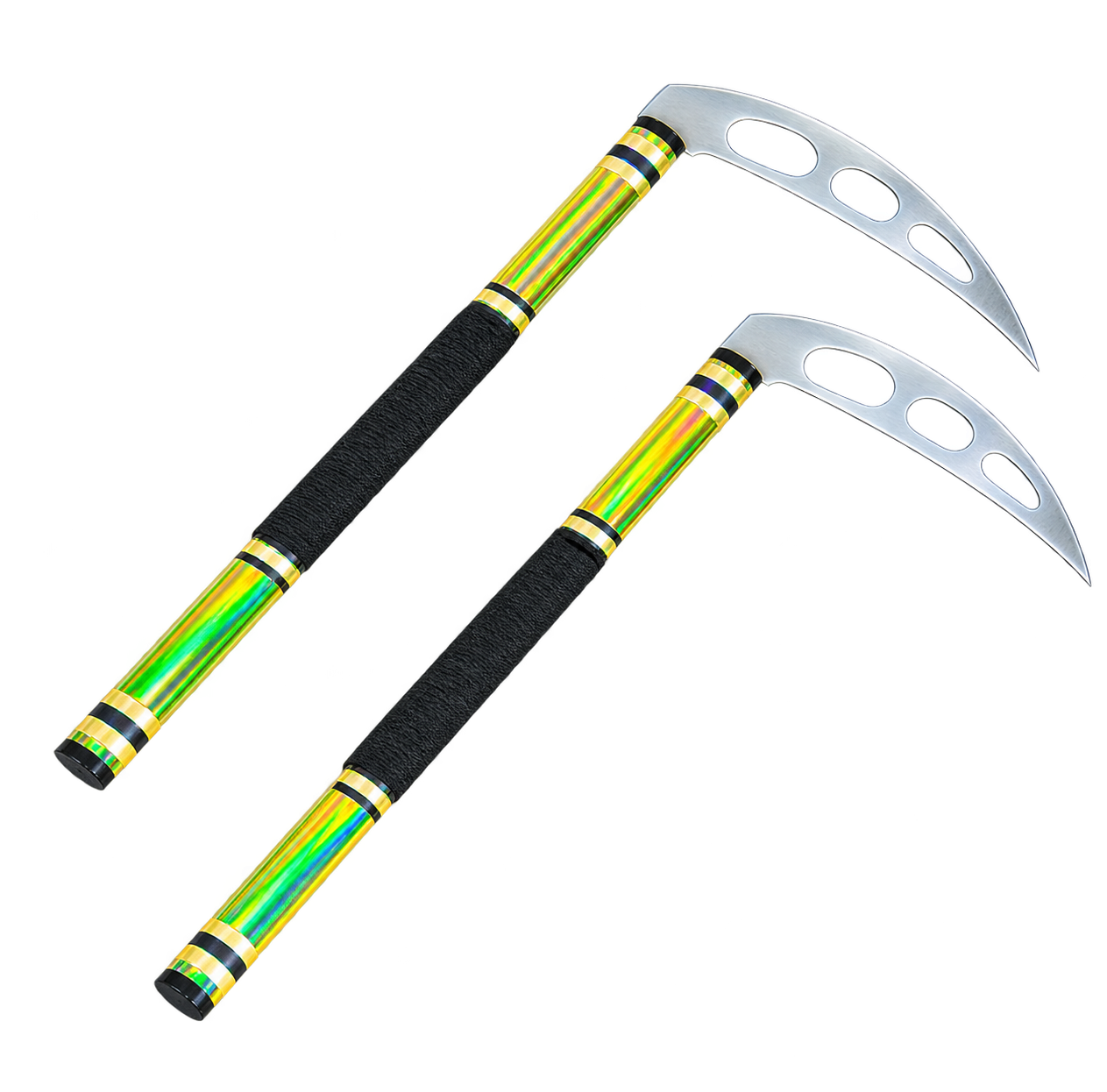 Pair of Pro / Competition kama with gold prism handles and black wrapped grips